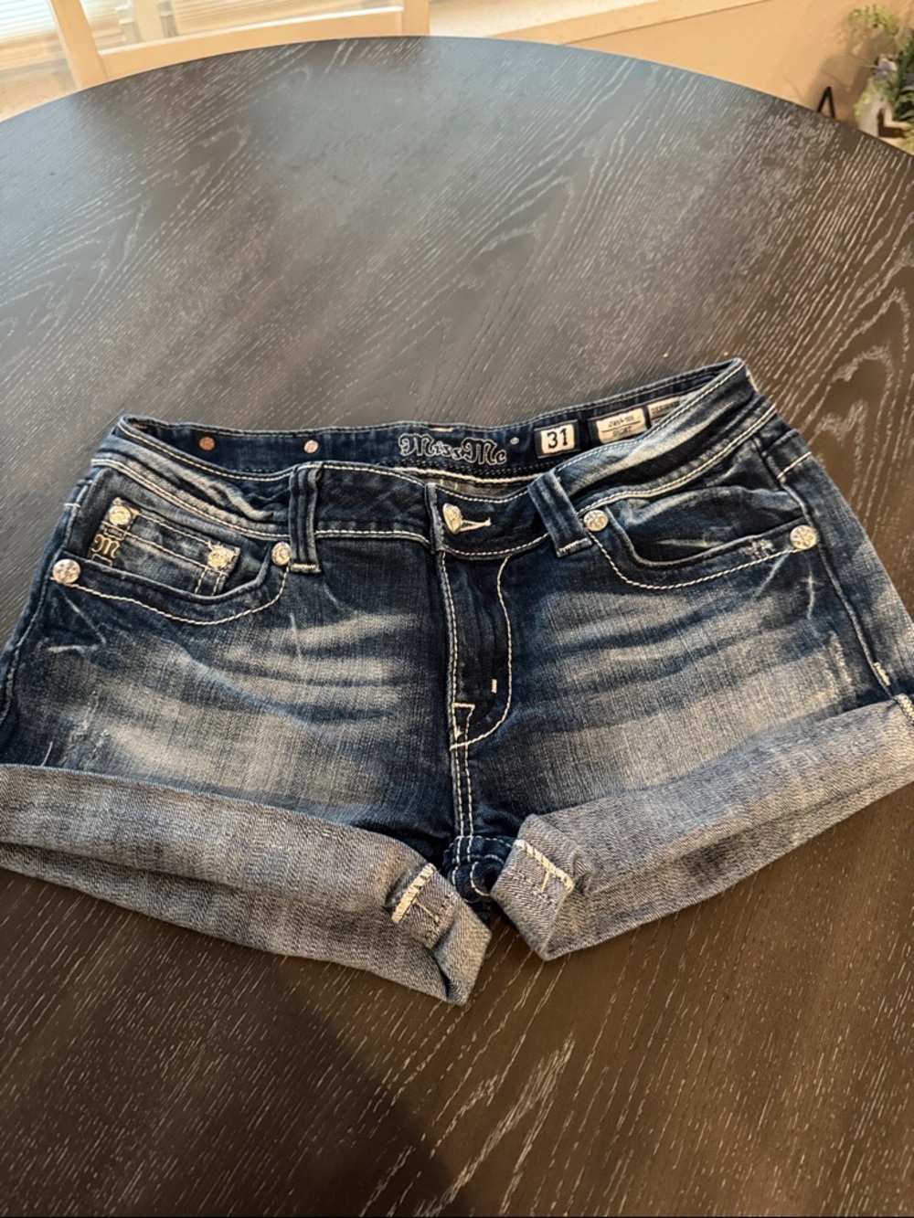 161. Miss Me Signature Women’s Shorts Dark Blue Washed Denim Cuffed size 31